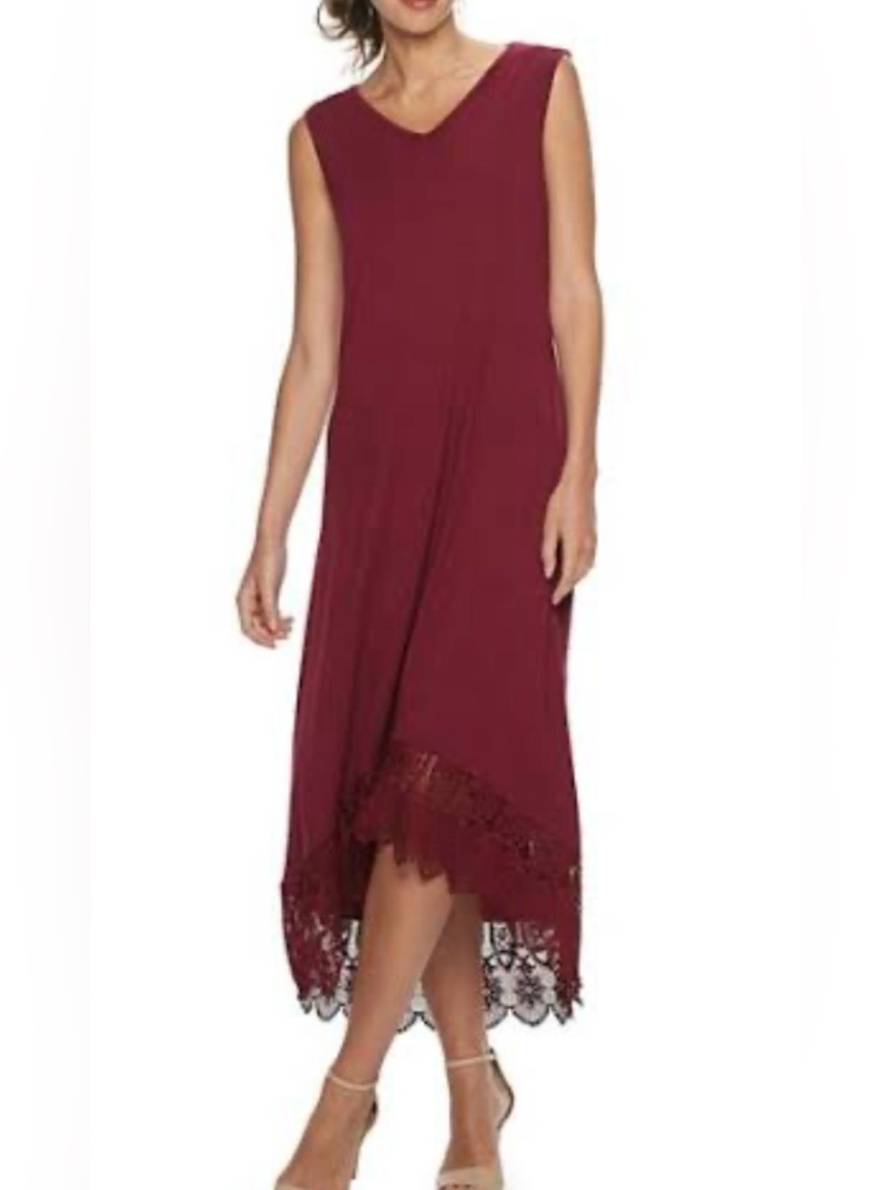 Nina Leonard Crochet Hem Burgundy Midi Dress Size Medium